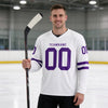 Custom White - Purple Triple Stripes Hockey Jersey – worn by a man