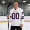 Custom White - Purple - Old Gold Triple Stripes Hockey Jersey – worn by a man