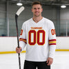 Custom White - Red - Gold Triple Stripes Hockey Jersey – worn by a man