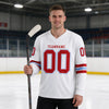 Custom White - Red - Light Blue Triple Stripes Hockey Jersey – worn by a man