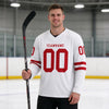 Custom White - Red Triple Stripes Hockey Jersey – worn by a man