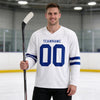 Custom White - Royal Triple Stripes Hockey Jersey – worn by a man