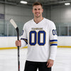Custom White - Royal - Old Gold Triple Stripes Hockey Jersey – worn by a man