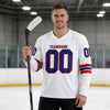 Custom White - Royal - Red Triple Stripes Hockey Jersey – worn by a man