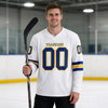 Custom White - Royal - Yellow Triple Stripes Hockey Jersey – worn by a man