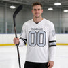 Custom Black - Silver - White Triple Stripes Hockey Jersey – worn by a man