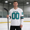 Custom White - Teal - Black Triple Stripes Hockey Jersey – worn by a man