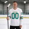 Custom White - Teal - Old Gold Triple Stripes Hockey Jersey – worn by a man