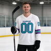 Custom White - Teal - Purple Triple Stripes Hockey Jersey – worn by a man