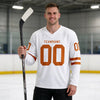 Custom White - Texas Orange Triple Stripes Hockey Jersey – worn by a man
