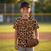 Custom Brown - Old Gold Leopard Print Baseball Jersey – youth size worn by a kid