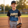 Custom Night Sky Baseball Jersey – Navy Blue Black Gold – youth size worn by a kid