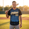 Custom Night Sky Baseball Jersey – Navy Blue Black Gold – worn by a man