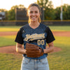 Custom Night Sky Baseball Jersey – Navy Blue Black Gold – worn by a woman