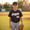 Custom Black - Gray - White - Red Pinstripe Baseball Jersey – youth size worn by a kid