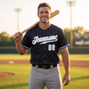 Custom Pinstripe Baseball Jersey – Black Royal Blue White – worn by a man