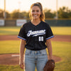 Custom Pinstripe Baseball Jersey – Black Royal Blue White – worn by a woman