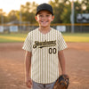 Custom Cream - Black - Old Gold Pinstripe Baseball Jersey – youth size worn by a kid