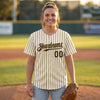 Custom Cream - Black - Old Gold Pinstripe Baseball Jersey – worn by a woman