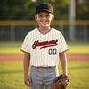 Custom Red - Black - White - Cream Pinstripe Baseball Jersey – youth size worn by a kid
