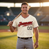 Custom Red - Black - White - Cream Pinstripe Baseball Jersey – worn by a man