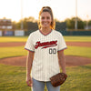 Custom Red - Black - White - Cream Pinstripe Baseball Jersey – worn by a woman