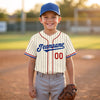 Custom Cream - Black - Red - Royal - White Pinstripe Baseball Jersey Blue – youth size worn by a kid
