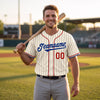 Custom Cream - Black - Red - Royal - White Pinstripe Baseball Jersey Blue – worn by a man