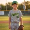 Custom Gray - Green - Old Gold Pinstripe Baseball Jersey – youth size worn by a kid