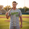 Custom Gray - Green - Old Gold Pinstripe Baseball Jersey – worn by a man