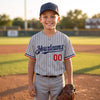 Custom Pinstripe Baseball Jersey – Gray Navy Blue Red – youth size worn by a kid