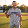 Custom Pinstripe Baseball Jersey – Gray Navy Blue Red – worn by a man