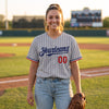Custom Pinstripe Baseball Jersey – Gray Navy Blue Red – worn by a woman