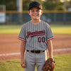 Custom Gray - Black - Red - White Pinstripe Baseball Jersey – youth size worn by a kid