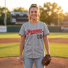 Custom Gray - Black - Red - White Pinstripe Baseball Jersey – worn by a woman