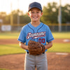 Custom Pinstripe Baseball Jersey – Light Blue Navy Blue Red – youth size worn by a kid