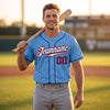 Custom Pinstripe Baseball Jersey – Light Blue Navy Blue Red – worn by a man