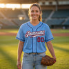 Custom Pinstripe Baseball Jersey – Light Blue Navy Blue Red – worn by a woman