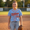 Custom Pinstripe Baseball Jersey – Light Blue Orange Royal Blue – worn by a woman