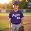 Custom Purple - Gray - Black - White Pinstripe Baseball Jersey – youth size worn by a kid