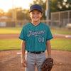 Custom Pinstripe Baseball Jersey – Teal Navy Blue Gray – youth size worn by a kid