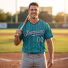 Custom Pinstripe Baseball Jersey – Teal Navy Blue Gray – worn by a man
