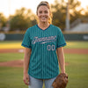 Custom Pinstripe Baseball Jersey – Teal Navy Blue Gray – worn by a woman