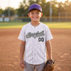 Custom White - Purple - Black - Gray Pinstripe Baseball Jersey – youth size worn by a kid