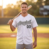 Custom White - Purple - Black - Gray Pinstripe Baseball Jersey – worn by a man