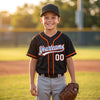 Custom Black - White - Royal - Orange Piped Baseball Jersey – youth size worn by a kid