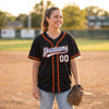 Custom Black - White - Royal - Orange Piped Baseball Jersey – worn by a woman