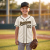 Custom Cream - Black - Old Gold Piped Baseball Jersey – youth size worn by a kid