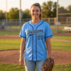 Custom Piped Baseball Jersey – Light Blue Navy Blue Teal – worn by a woman