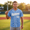 Custom Piped Baseball Jersey – Light Blue White Gray – worn by a man